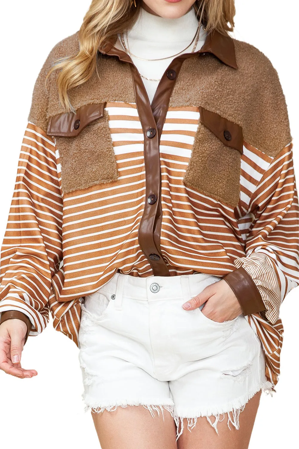 Wholesale Khaki Faux Leather and Sherpa Striped Shirt Shacket