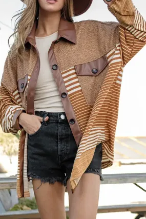 Wholesale Khaki Faux Leather and Sherpa Striped Shirt Shacket