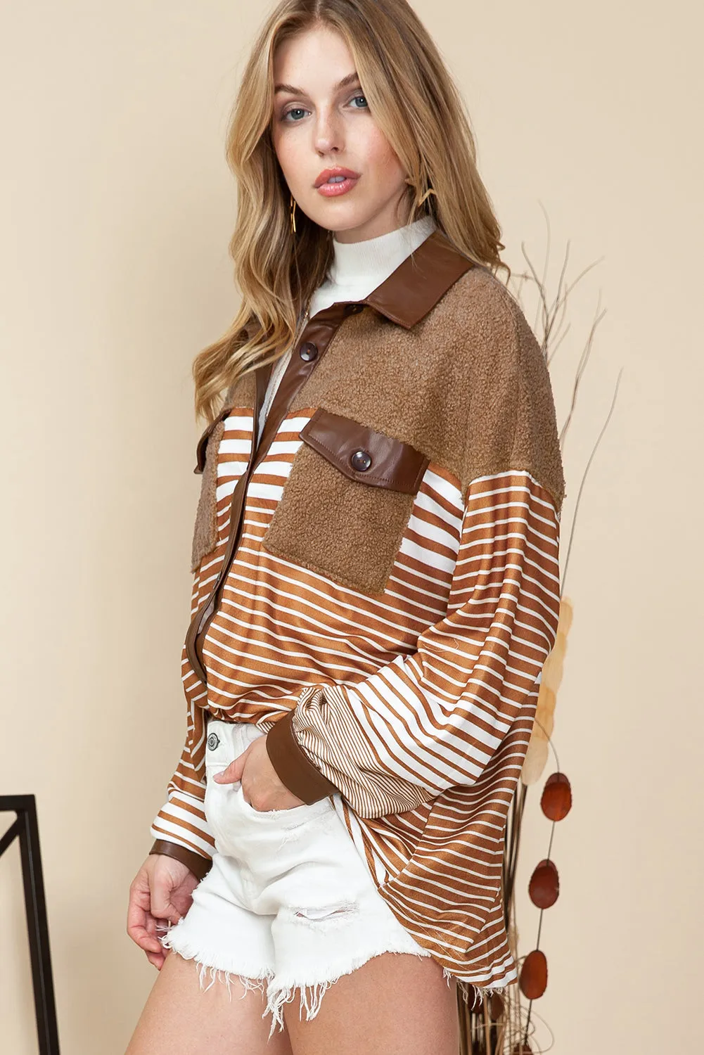 Wholesale Khaki Faux Leather and Sherpa Striped Shirt Shacket