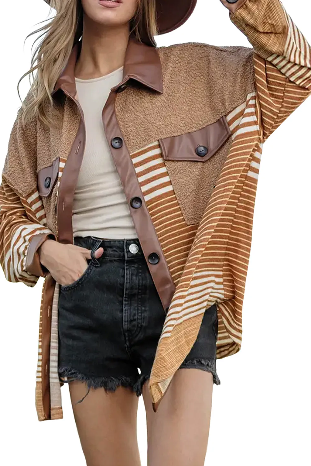 Wholesale Khaki Faux Leather and Sherpa Striped Shirt Shacket