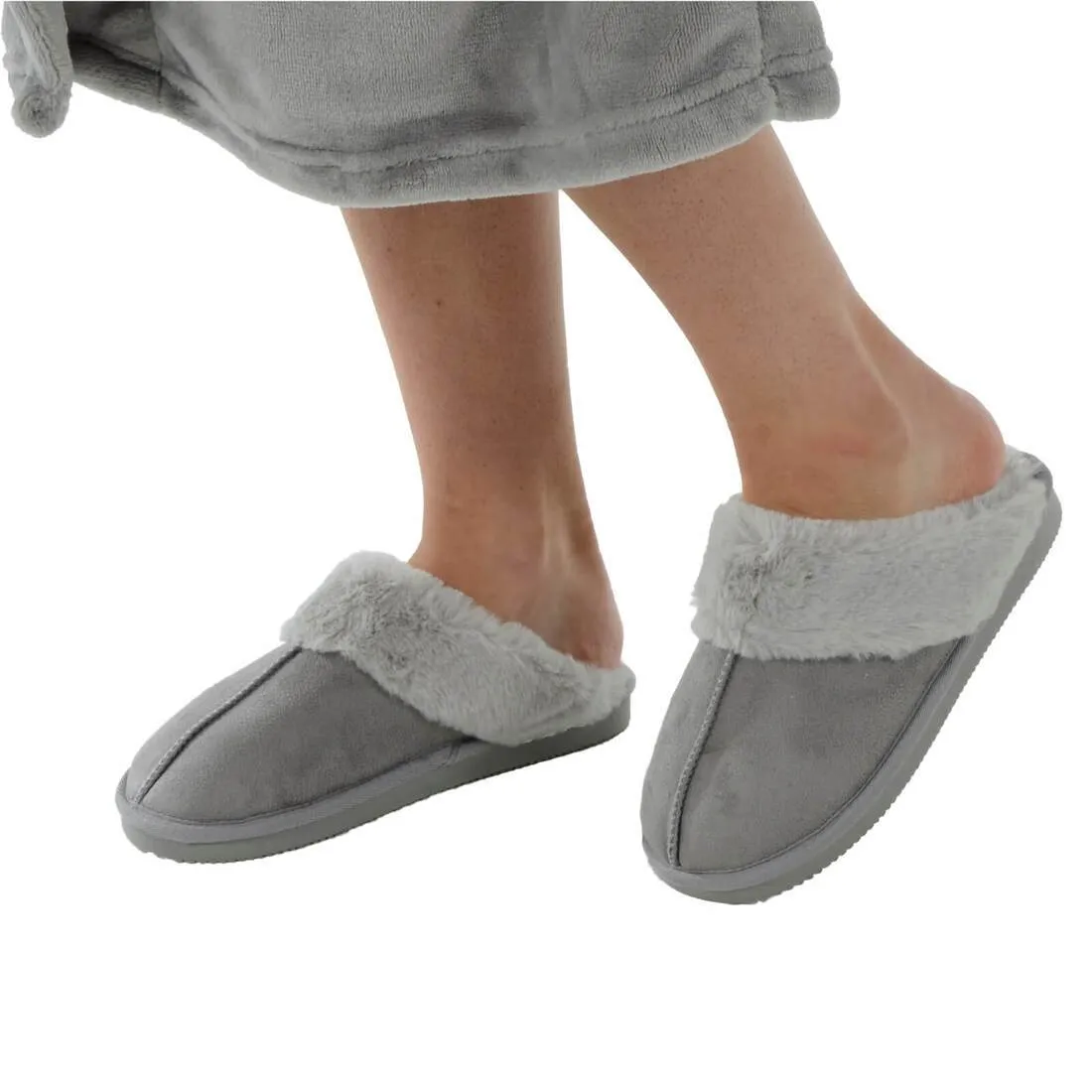 Womens Mule Slippers Luxury Microsuede Faux Fur Non-Slip