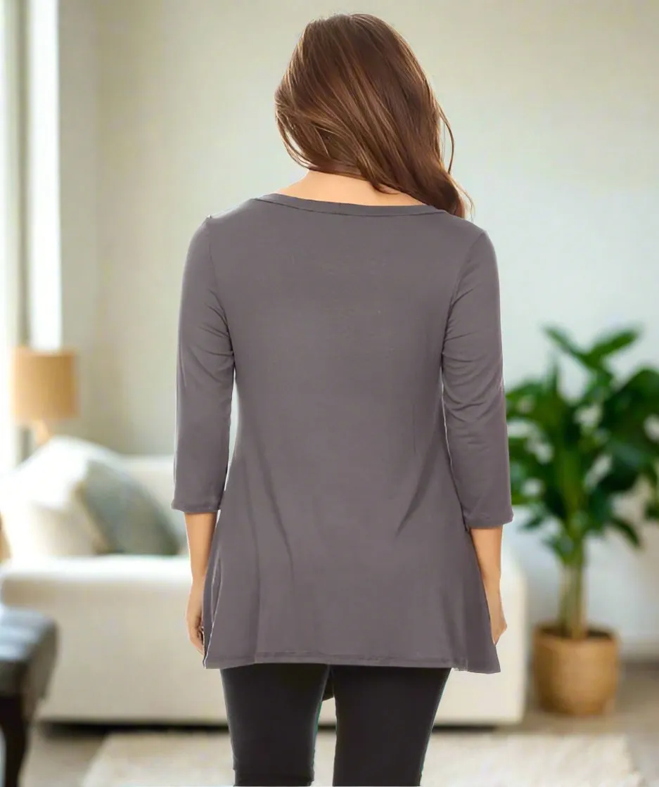 Womens Plus Size Gray Top | High-low Hem Side Button Shirt